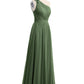 Vestidos de chiffon con un hombro de flor y bolsillo Verde Oliva