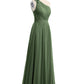 Vestidos de chiffon con un hombro de flor y bolsillo Verde Oliva Tallas Grandes