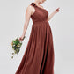 Vestidos de chiffon con un hombro de flor y bolsillo Terracota Tallas Grandes