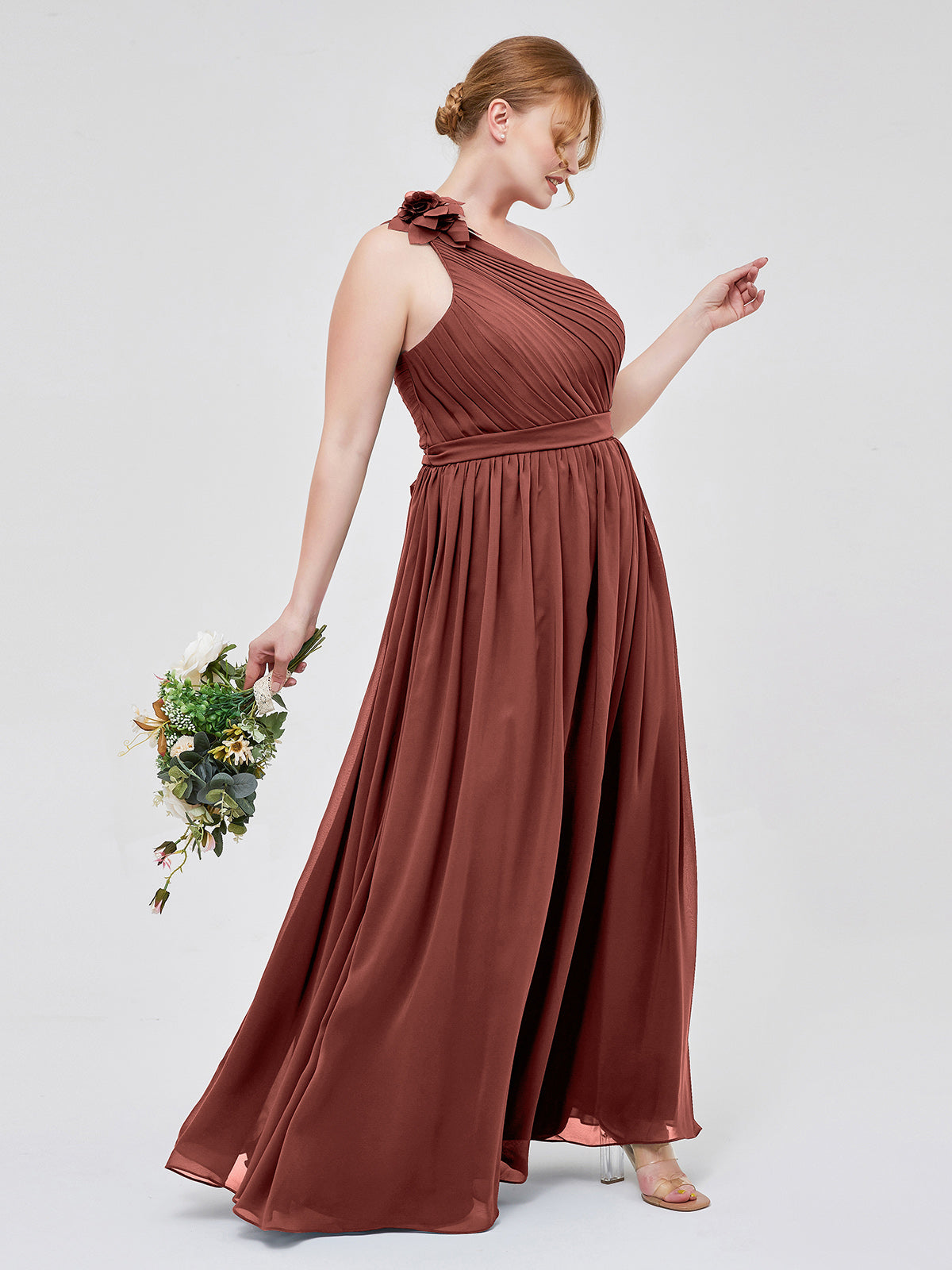 Vestidos de chiffon con un hombro de flor y bolsillo Terracota Tallas Grandes