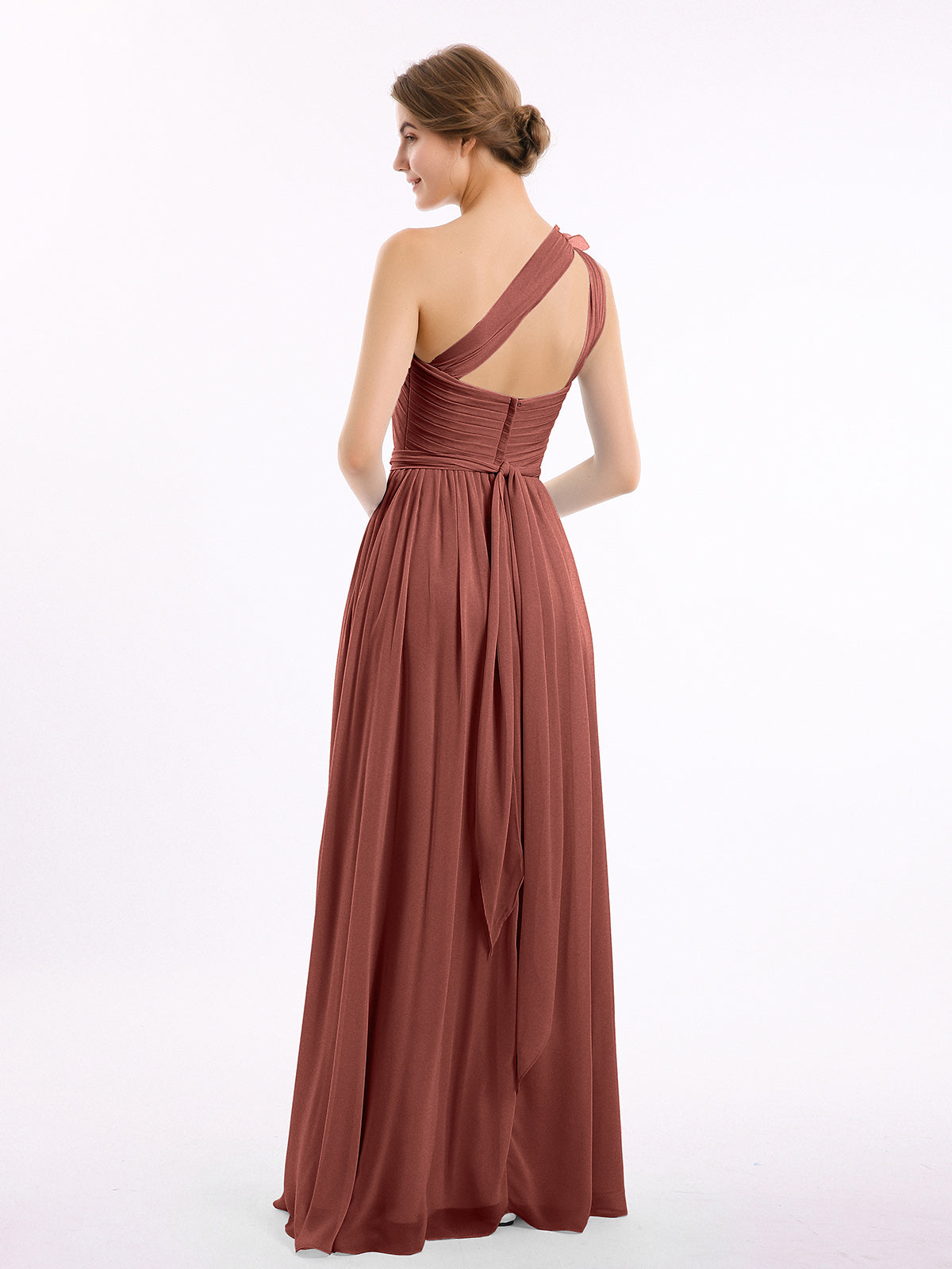 Vestidos de chiffon con un hombro de flor y bolsillo Terracota