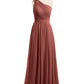 Vestidos de chiffon con un hombro de flor y bolsillo Terracota