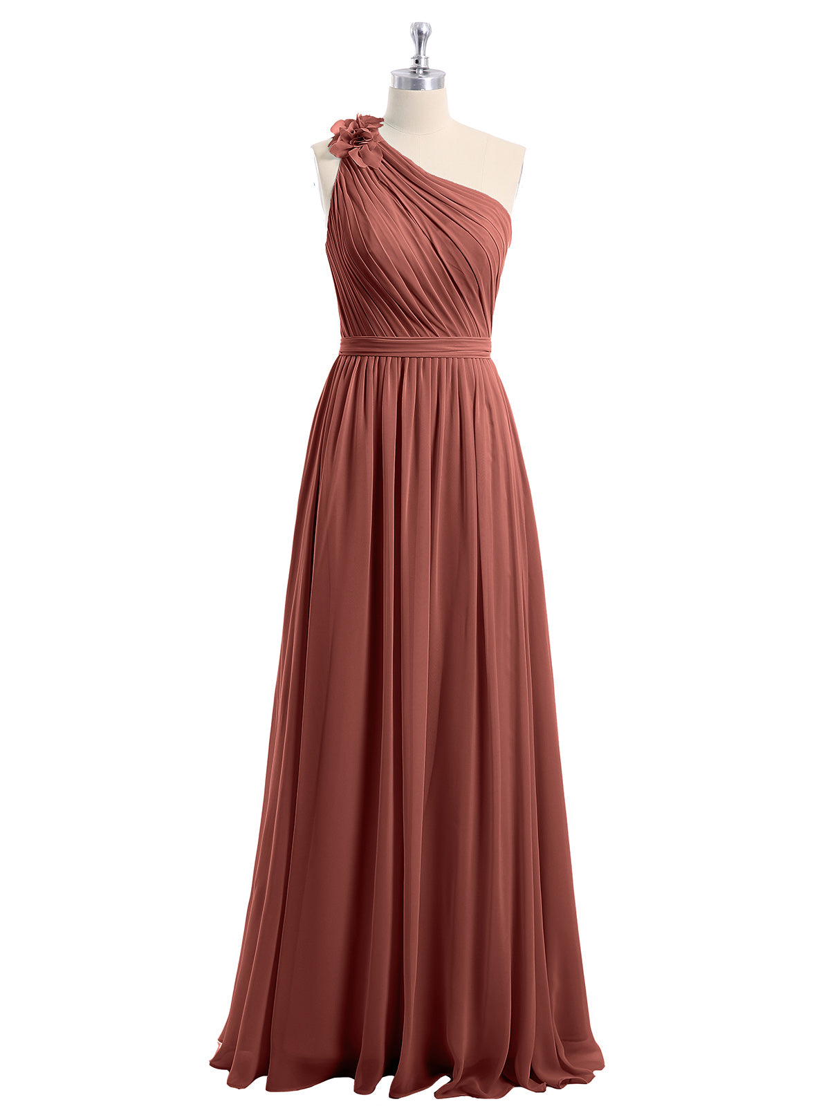 Vestidos de chiffon con un hombro de flor y bolsillo Terracota Tallas Grandes