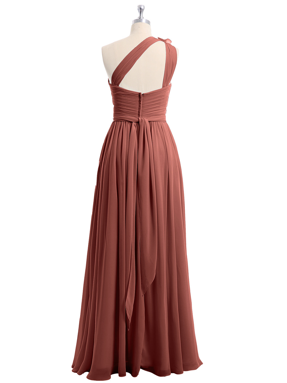 Vestidos de chiffon con un hombro de flor y bolsillo Terracota