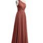 Vestidos de chiffon con un hombro de flor y bolsillo Terracota Tallas Grandes