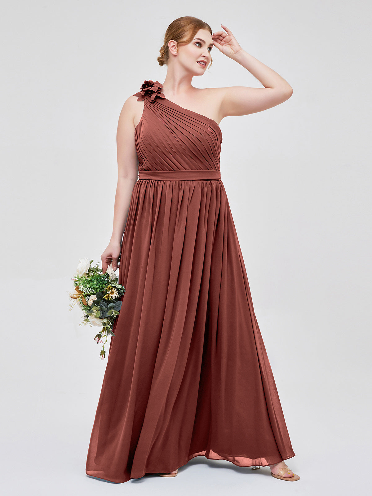 Vestidos de chiffon con un hombro de flor y bolsillo Terracota Tallas Grandes