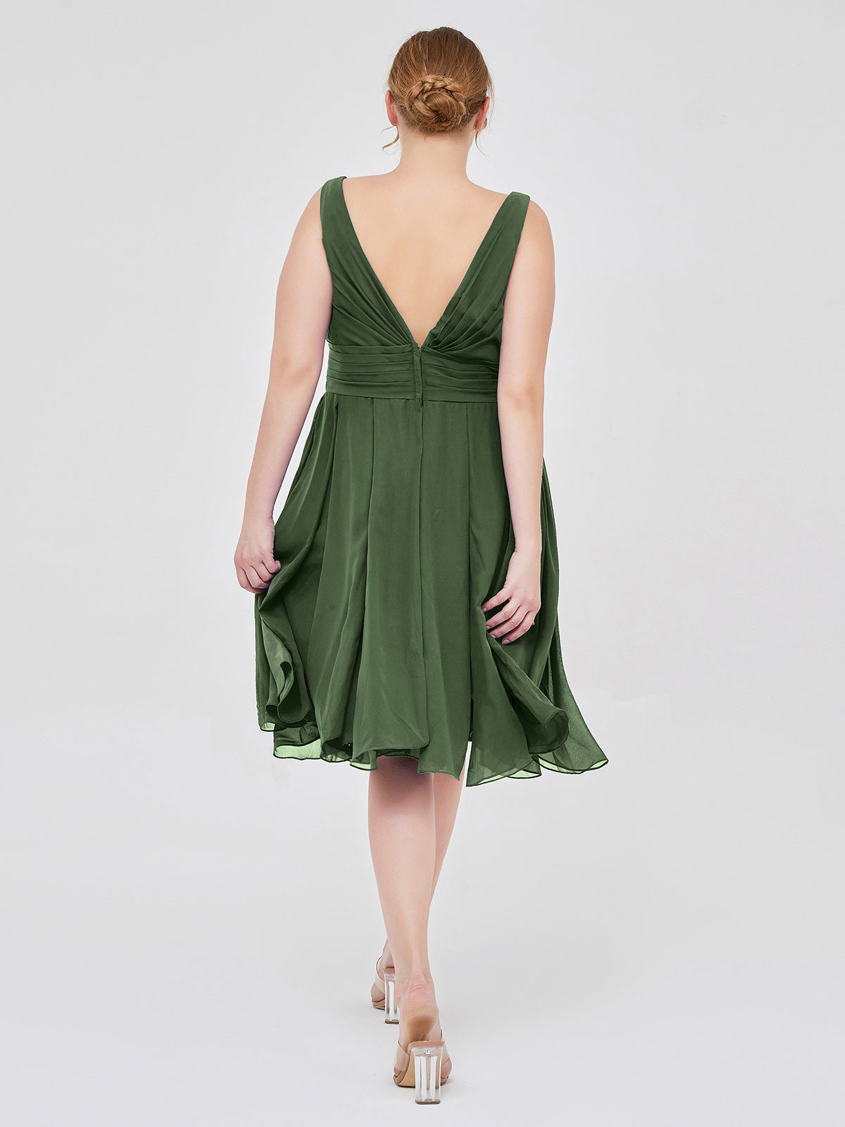 Mabel Corto Gasa Vestido Con Escote En V Verde Oliva Tallas Grandes