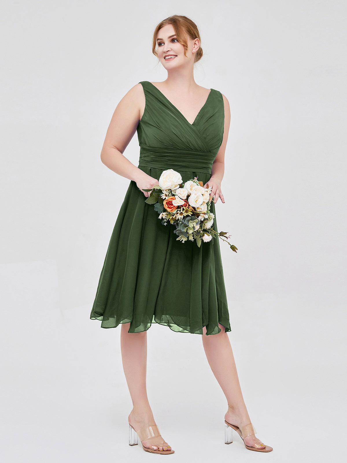 Mabel Corto Gasa Vestido Con Escote En V Verde Oliva Tallas Grandes