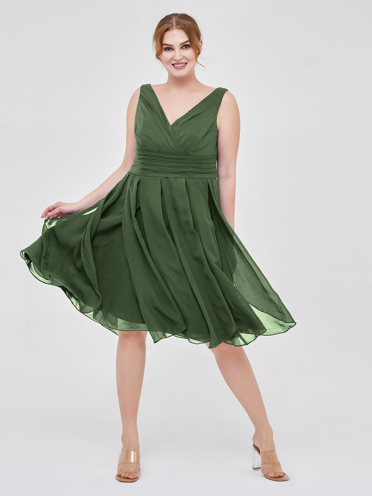 Mabel Corto Gasa Vestido Con Escote En V Verde Oliva Tallas Grandes