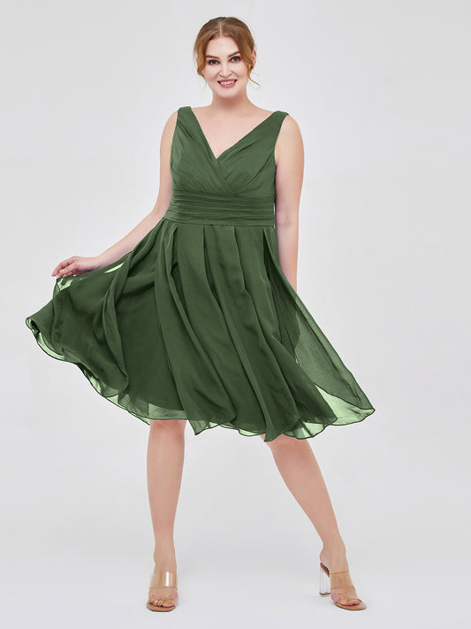 Mabel Corto Gasa Vestido Con Escote En V Verde Oliva Tallas Grandes