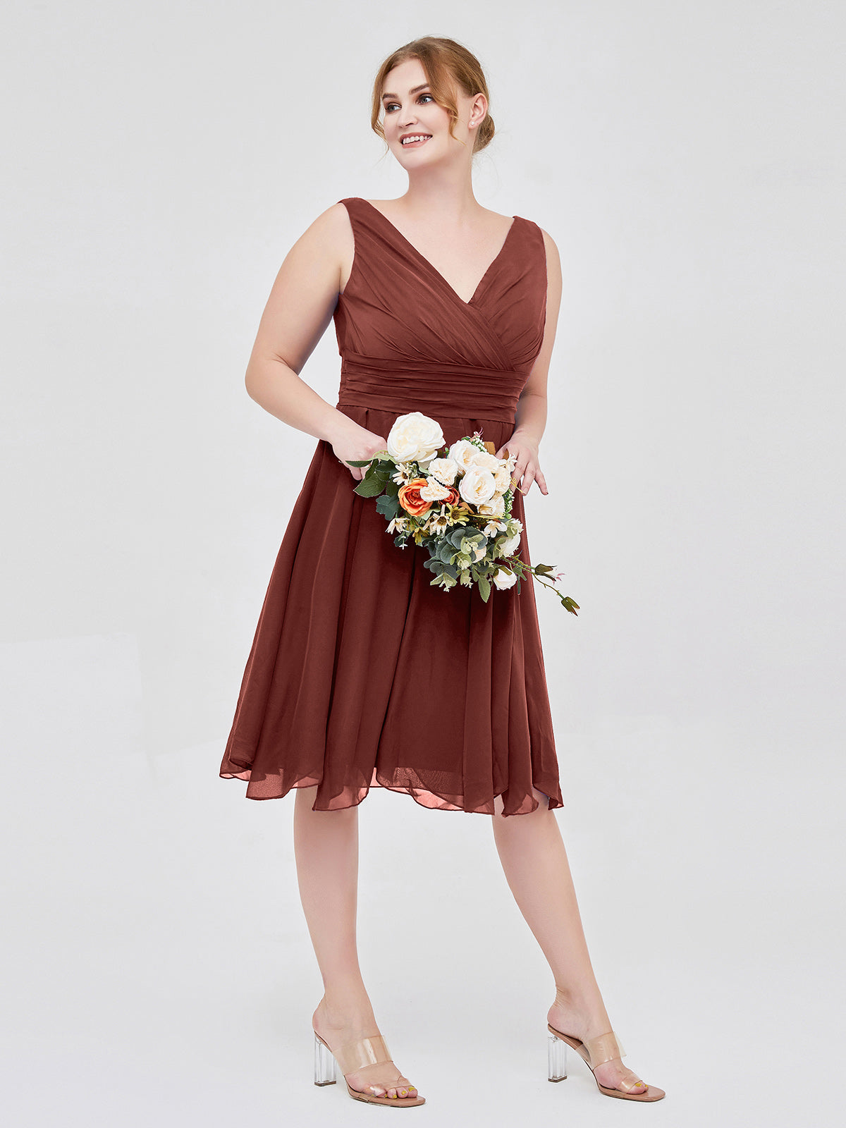 Mabel Corto Gasa Vestido Con Escote En V Terracota Tallas Grandes