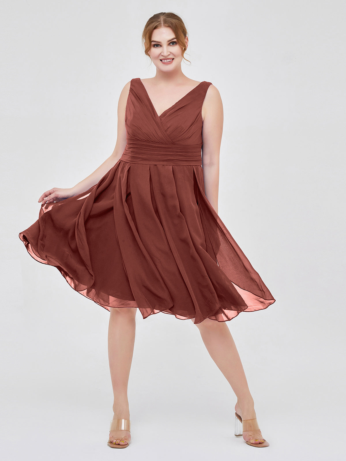 Mabel Corto Gasa Vestido Con Escote En V Terracota Tallas Grandes