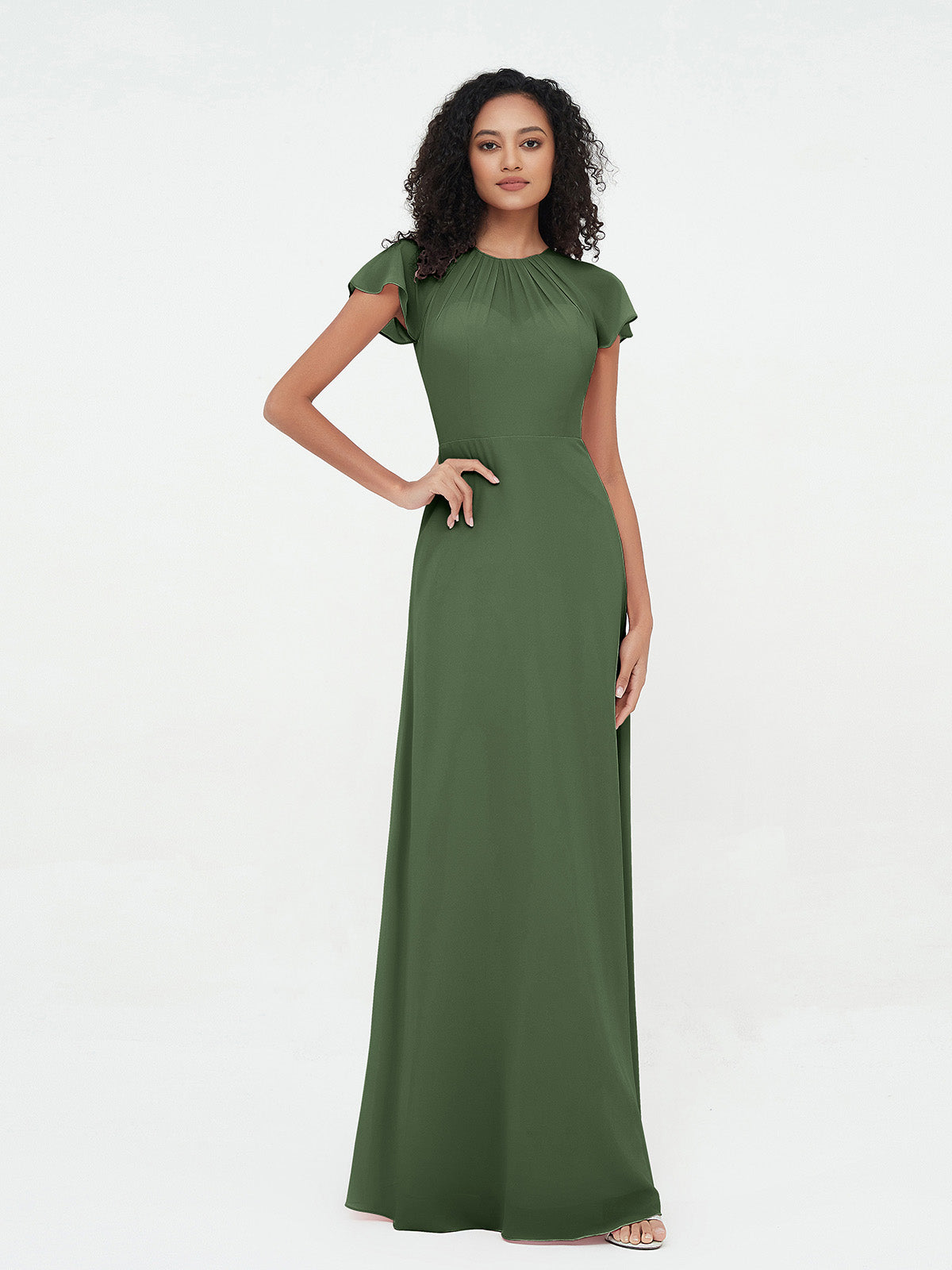 Vestidos de chiffon con escote ilusión y mangas cap Verde Oliva