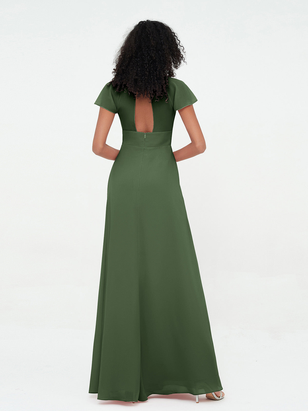 Vestidos de chiffon con escote ilusión y mangas cap Verde Oliva Tallas Grandes