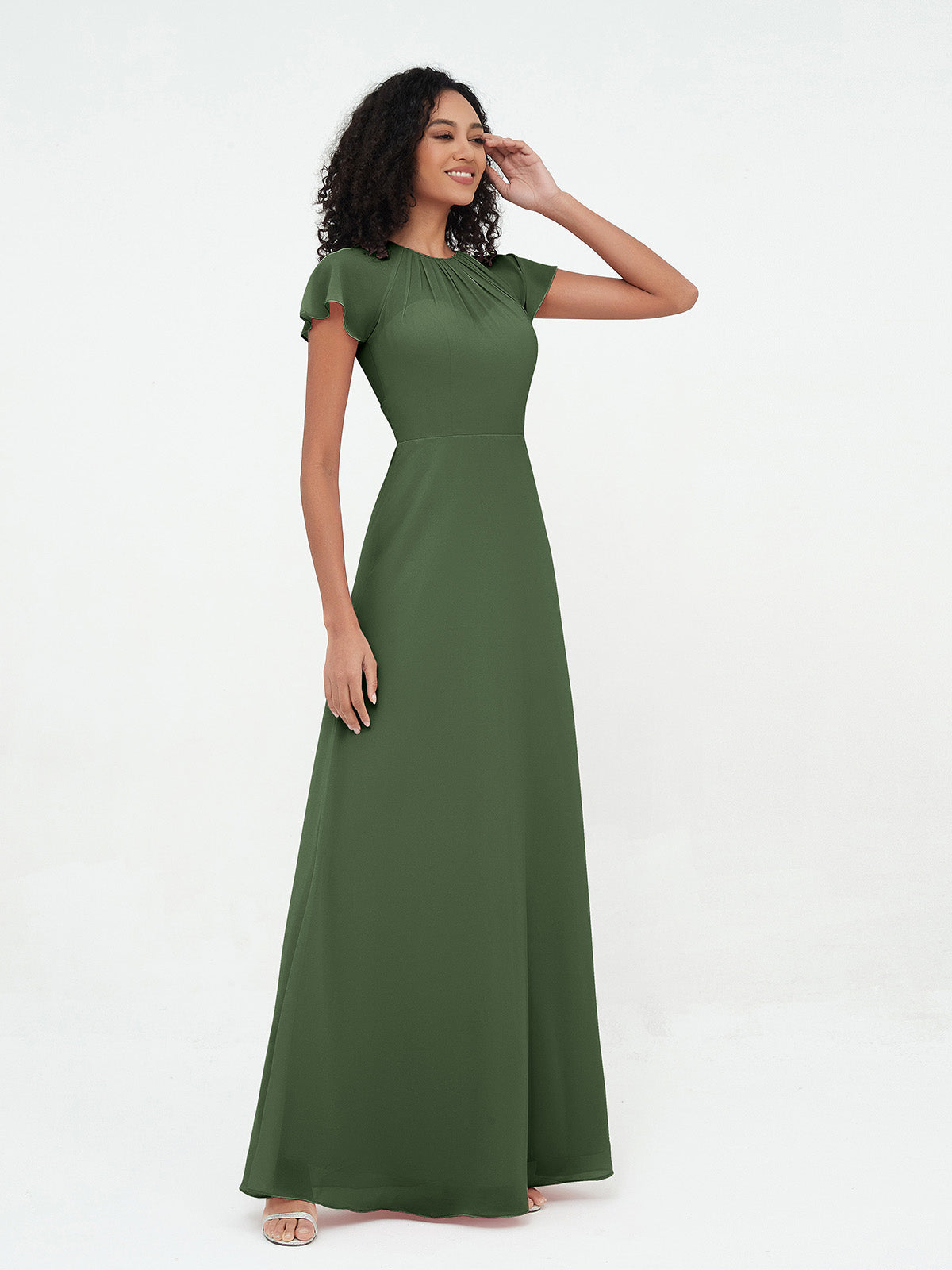 Vestidos de chiffon con escote ilusión y mangas cap Verde Oliva Tallas Grandes