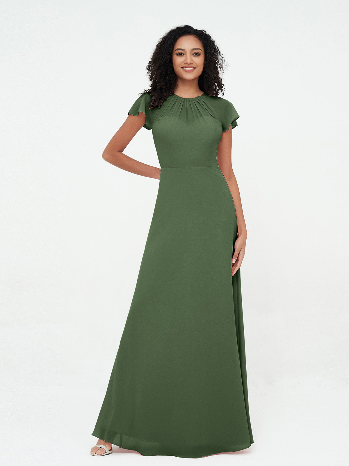 Vestidos de chiffon con escote ilusión y mangas cap Verde Oliva