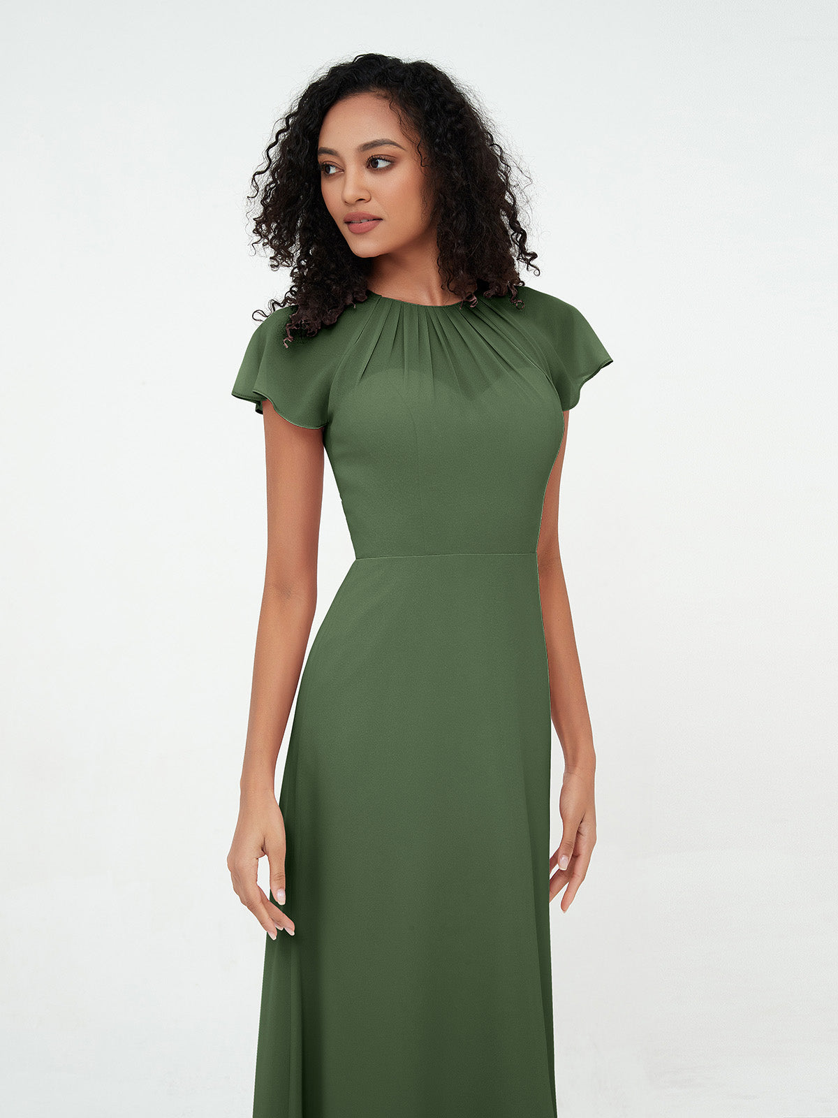 Vestidos de chiffon con escote ilusión y mangas cap Verde Oliva Tallas Grandes