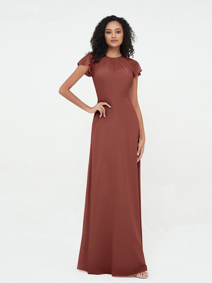 Vestidos de chiffon con escote ilusión y mangas cap Terracota Tallas Grandes