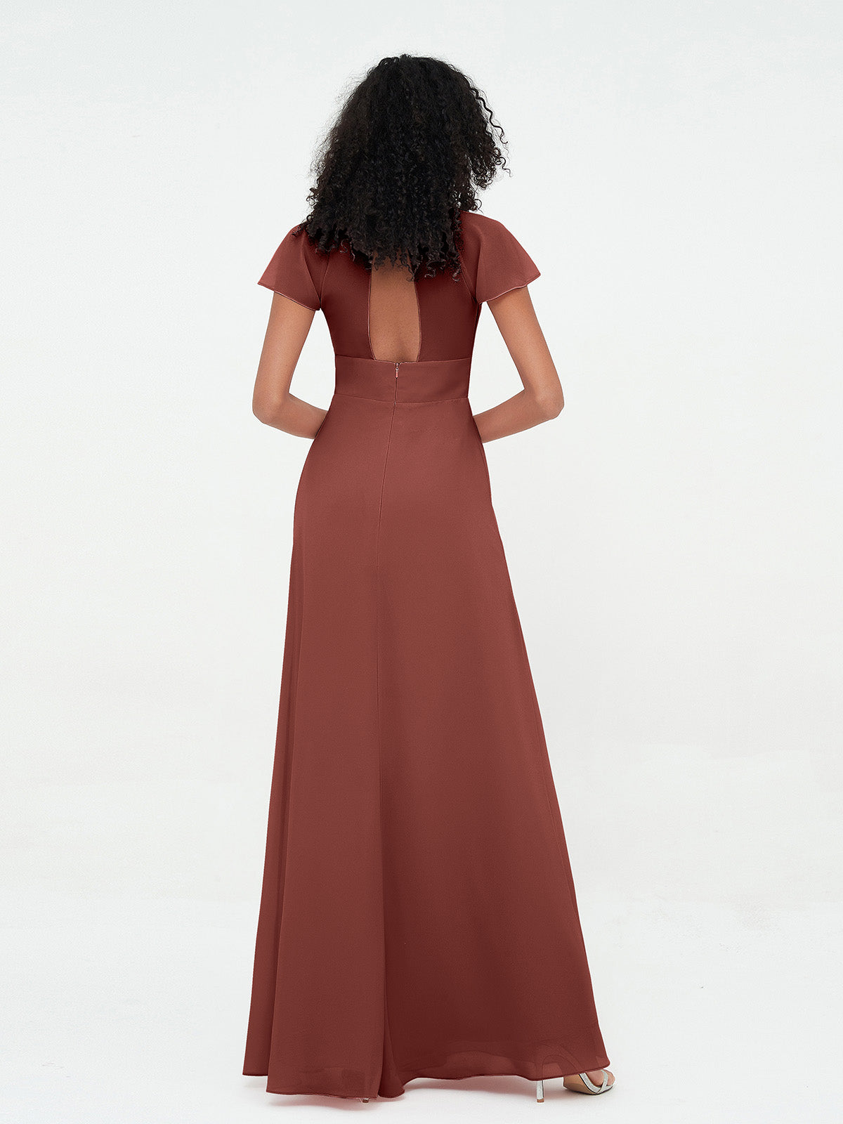 Vestidos de chiffon con escote ilusión y mangas cap Terracota Tallas Grandes