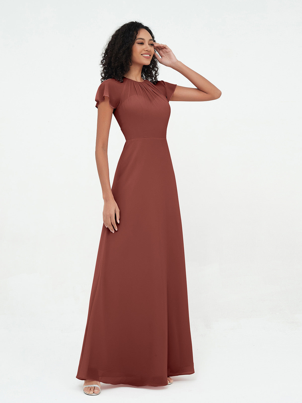 Vestidos de chiffon con escote ilusión y mangas cap Terracota