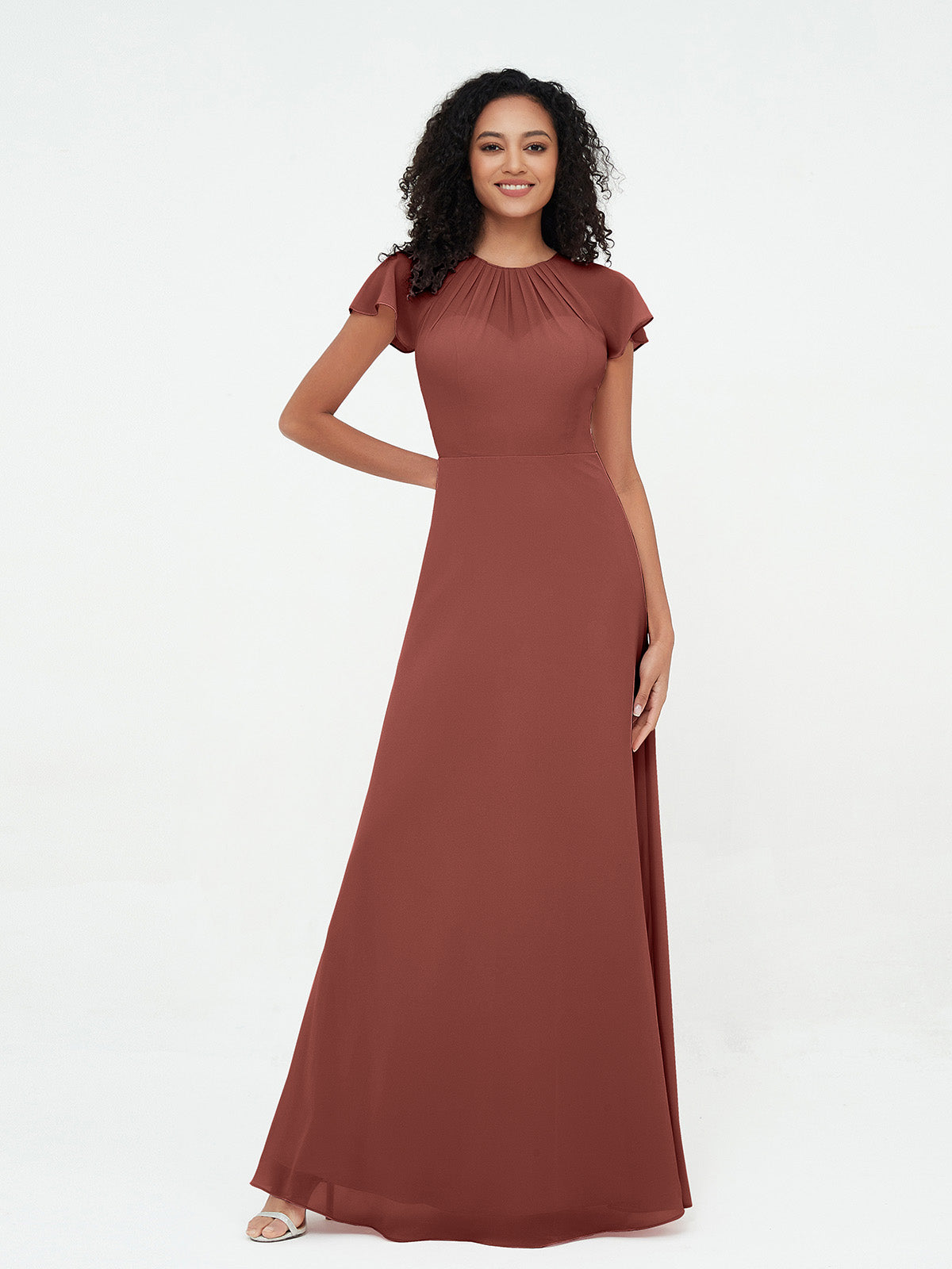 Vestidos de chiffon con escote ilusión y mangas cap Terracota