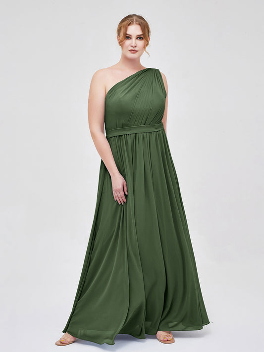 Maggie Un Hombro Gasa Largo Vestido De Dama De Honor Verde Oliva Tallas Grandes