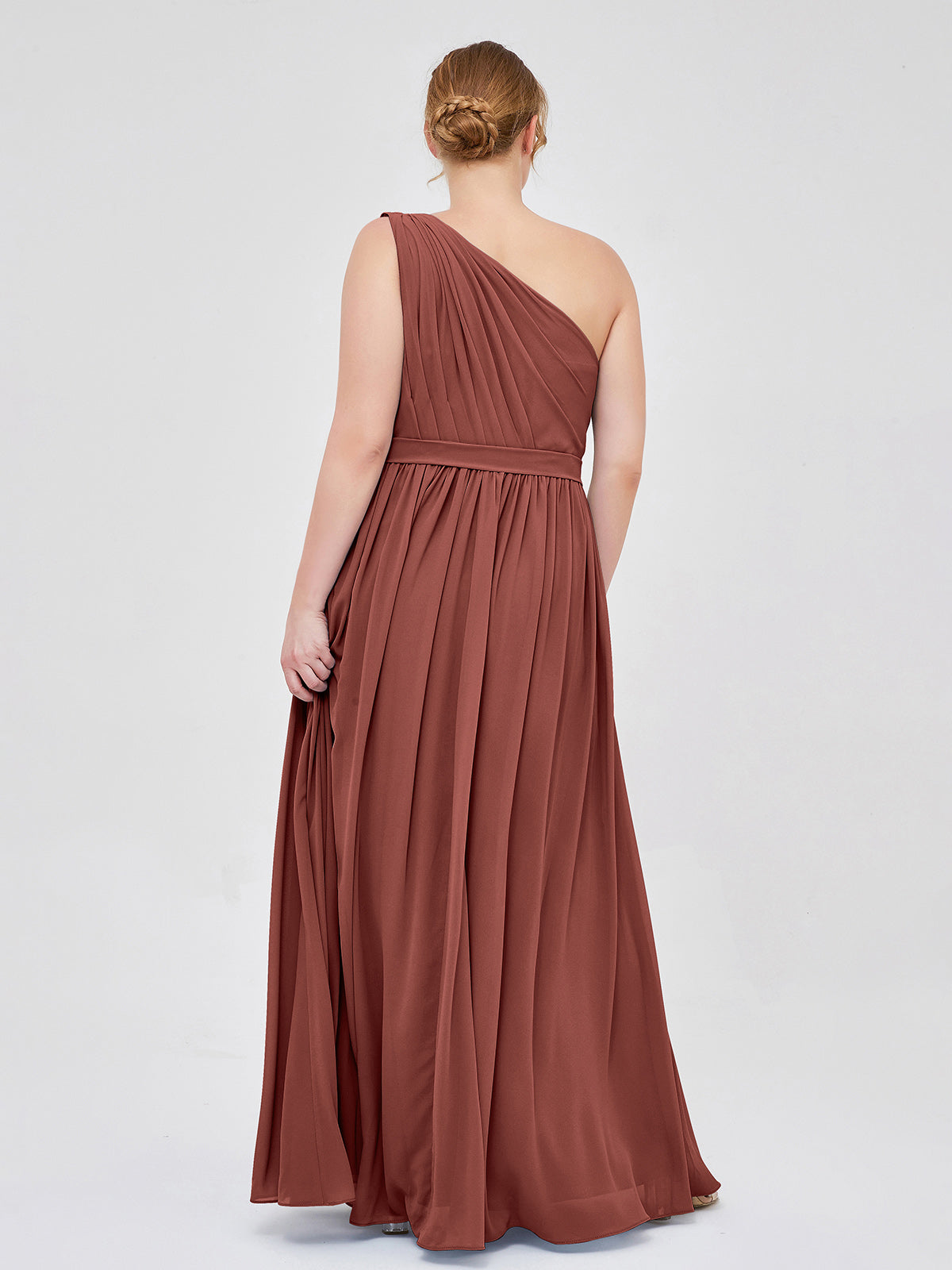 Maggie Un Hombro Gasa Largo Vestido De Dama De Honor Terracota Tallas Grandes