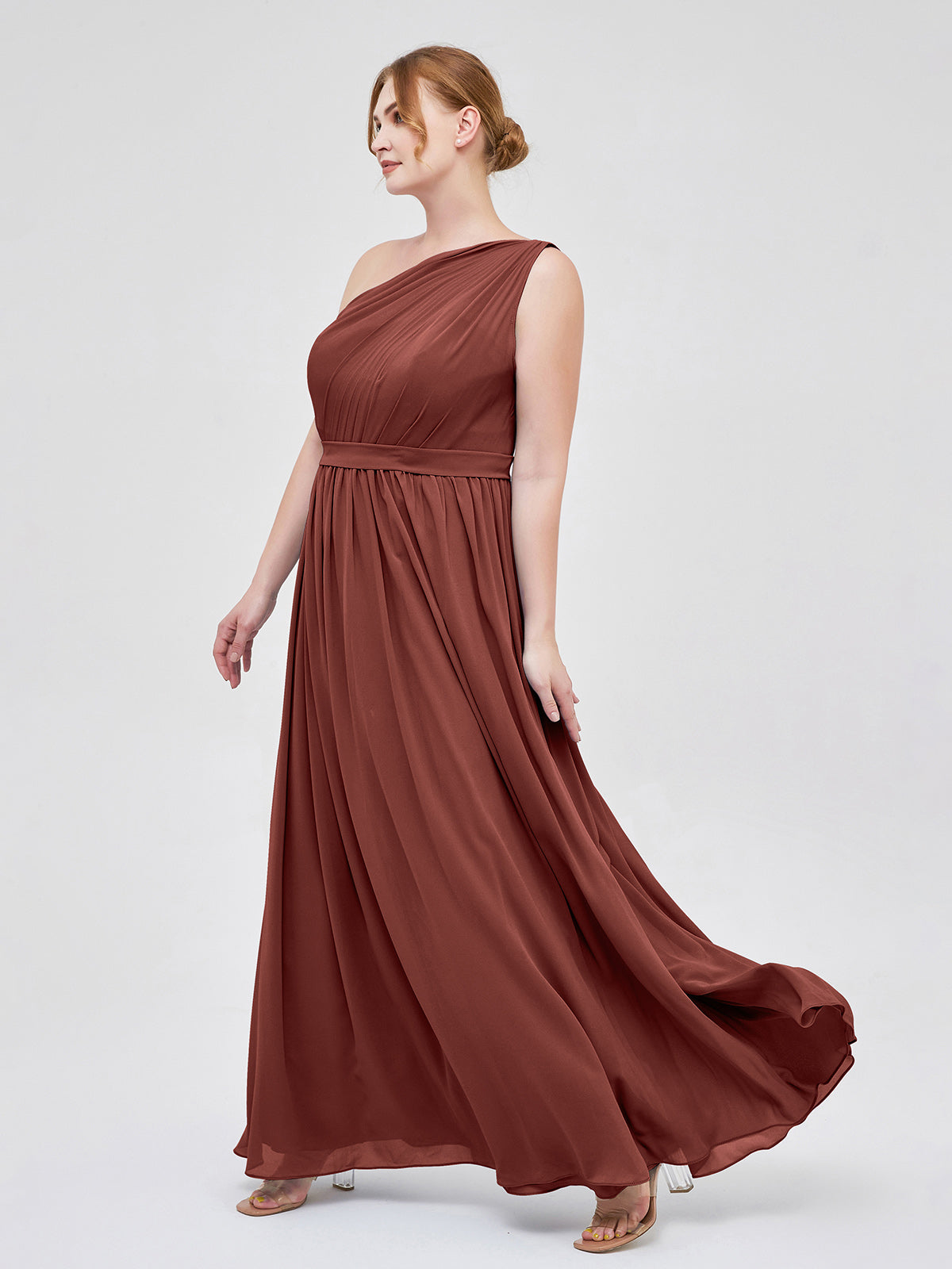 Maggie Un Hombro Gasa Largo Vestido De Dama De Honor Terracota Tallas Grandes