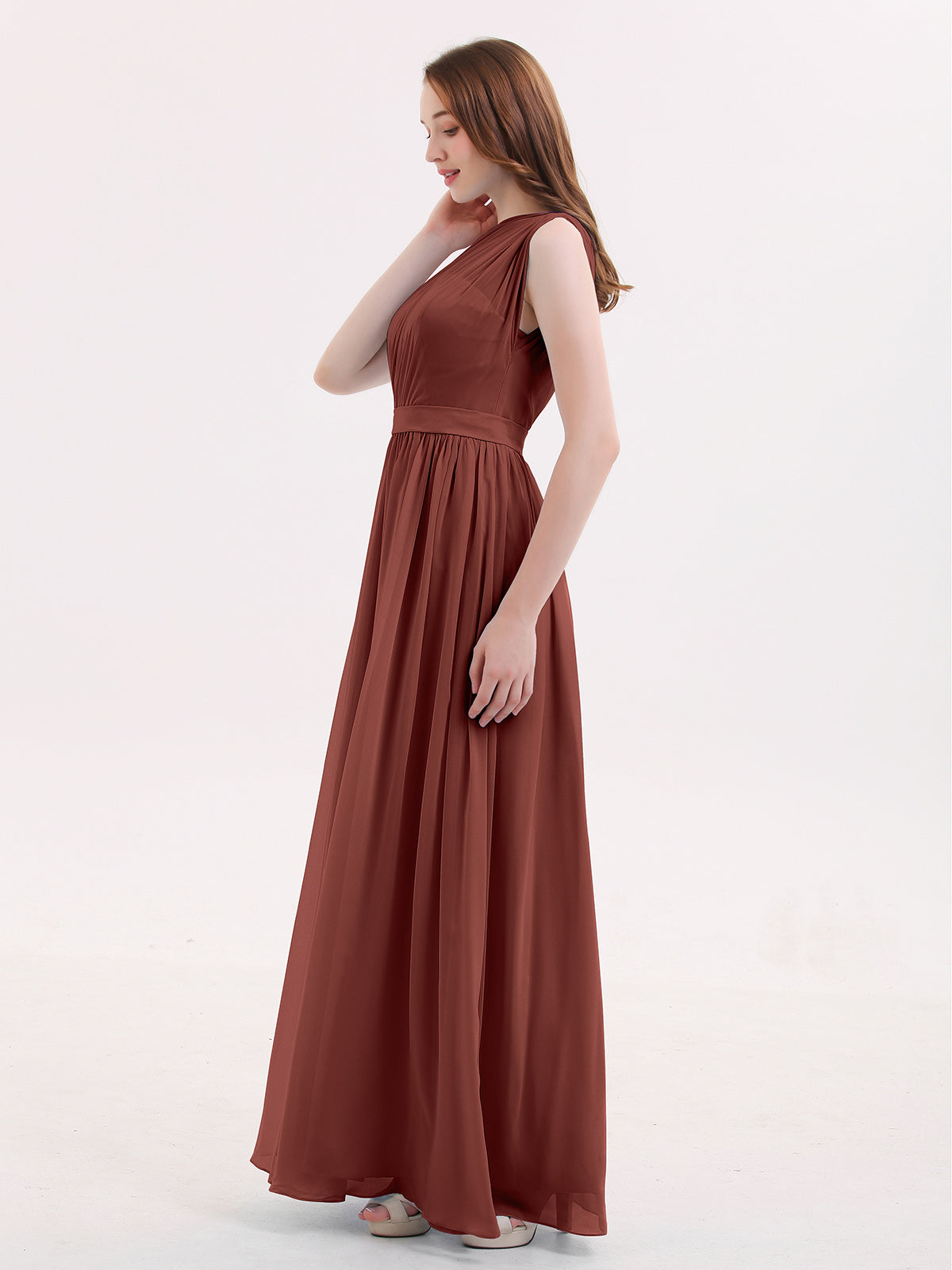 Maggie Un Hombro Gasa Largo Vestido De Dama De Honor Terracota