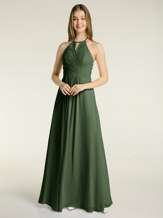 Vestidos largos de chiffon estilo halter para damas de honor Verde Oliva