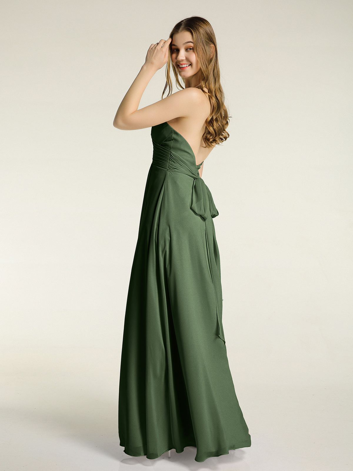 Vestidos largos de chiffon estilo halter para damas de honor Verde Oliva