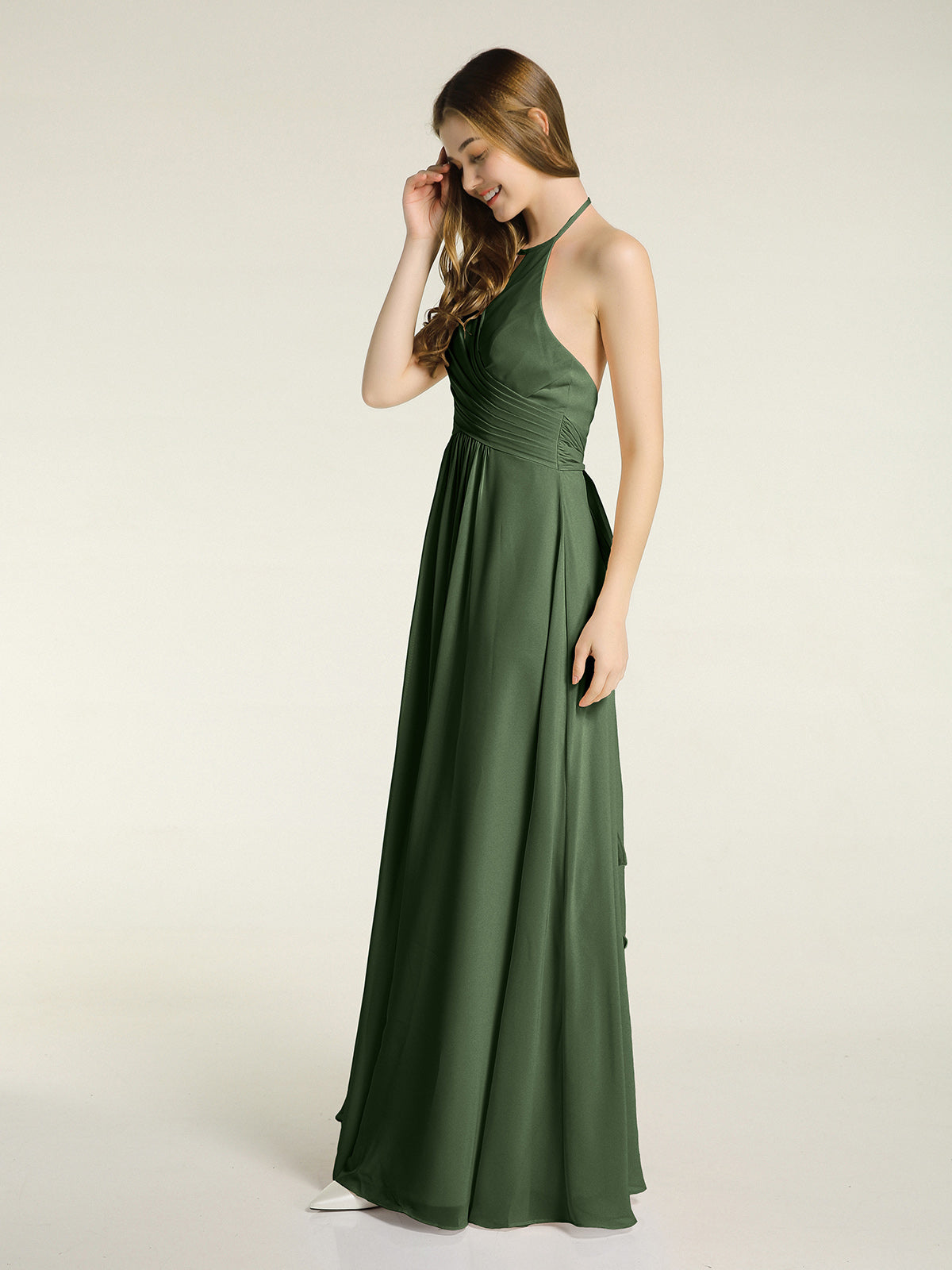 Vestidos largos de chiffon estilo halter para damas de honor Verde Oliva Tallas Grandes