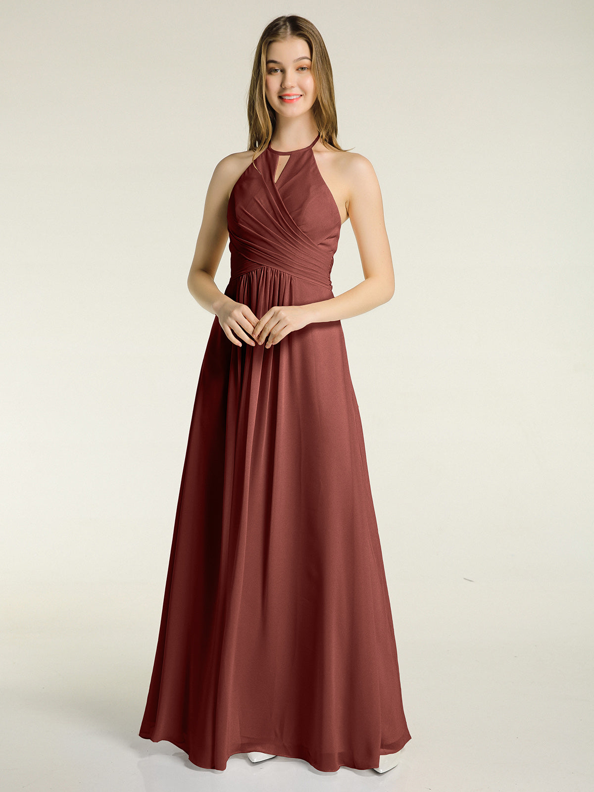 Vestidos largos de chiffon estilo halter para damas de honor Terracota