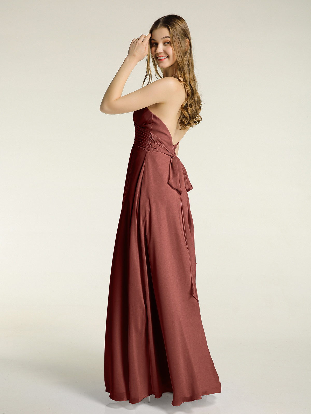 Vestidos largos de chiffon estilo halter para damas de honor Terracota