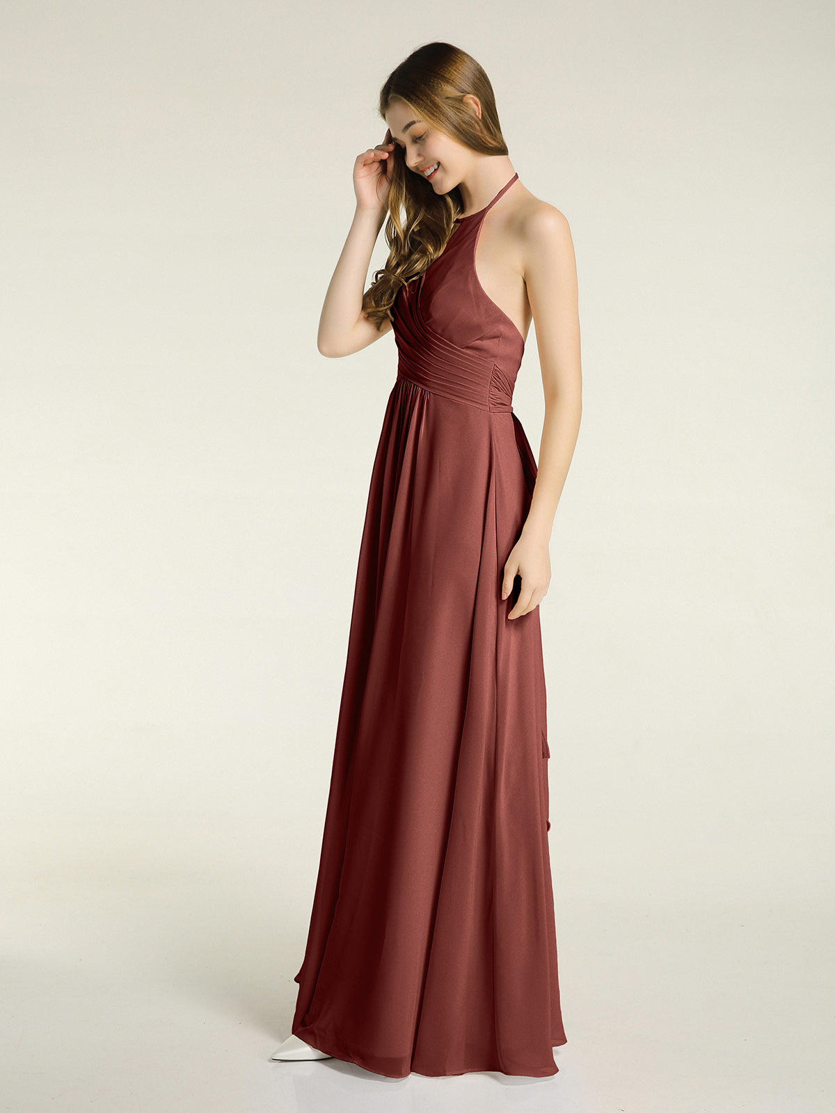 Vestidos largos de chiffon estilo halter para damas de honor Terracota