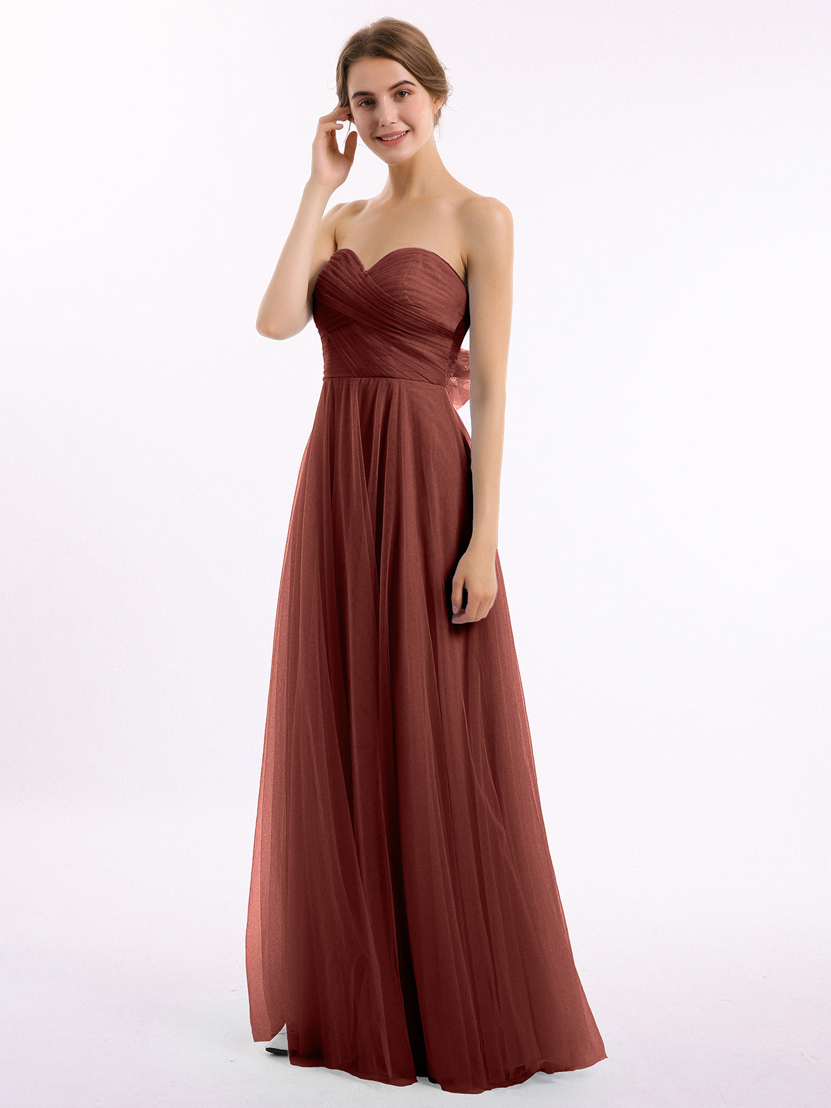 Vestidos de tul con escote en corazón sin tirantes y lazo Terracota