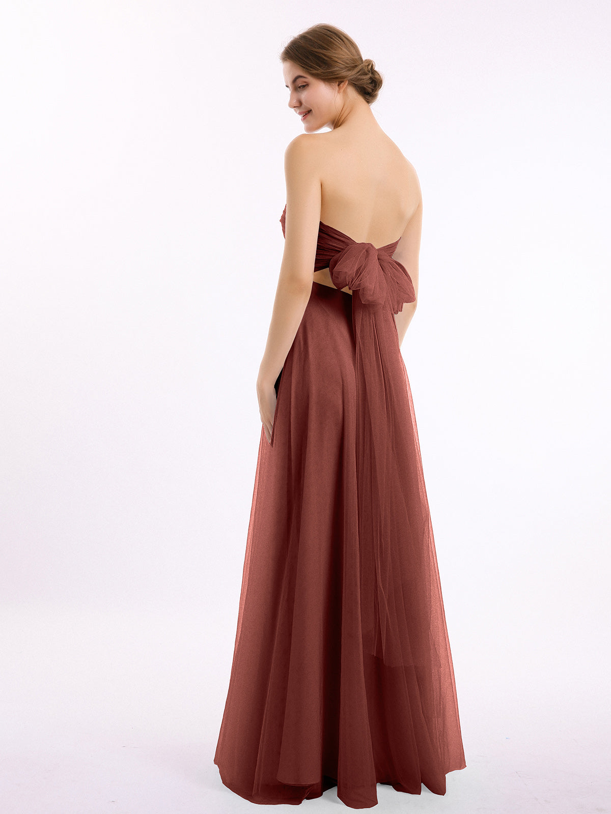 Vestidos de tul con escote en corazón sin tirantes y lazo Terracota