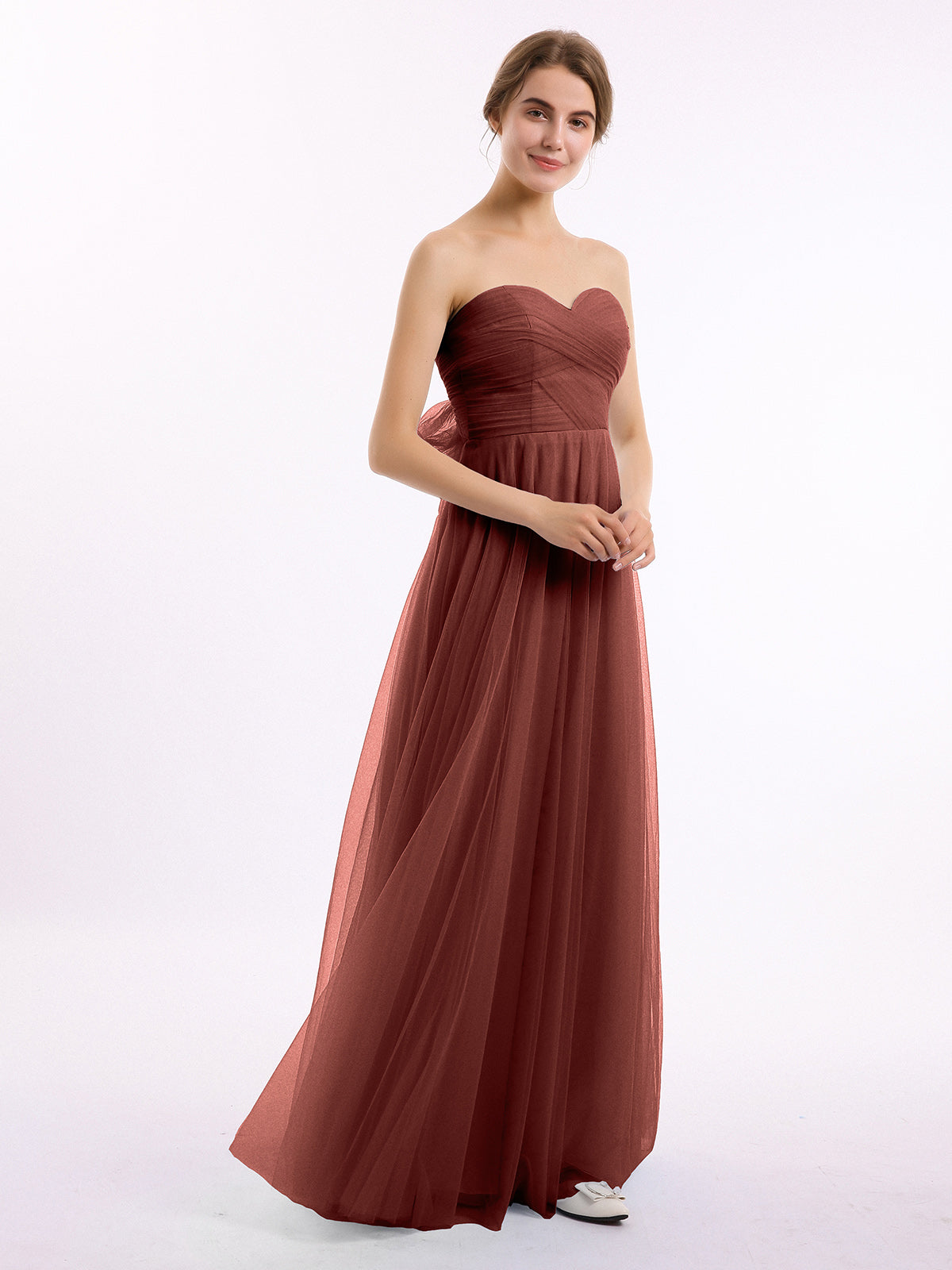 Vestidos de tul con escote en corazón sin tirantes y lazo Terracota