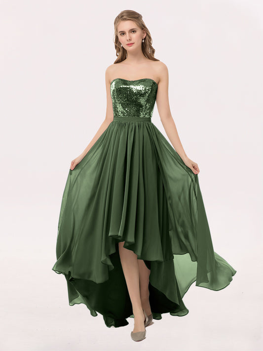 Marguerite Sin Tirante Vestido Alto Bajo Con Corpino Lentejuelas Verde Oliva Tallas Grandes