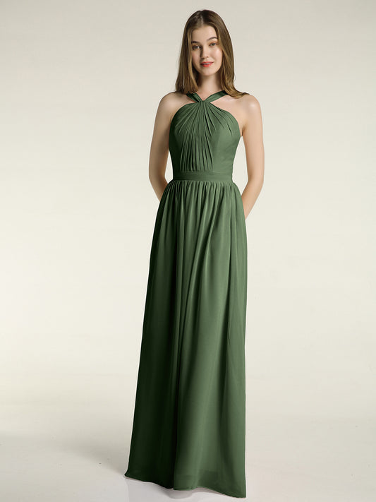 Vestidos largos de chiffon de cuello en Y para damas de honor Verde Oliva