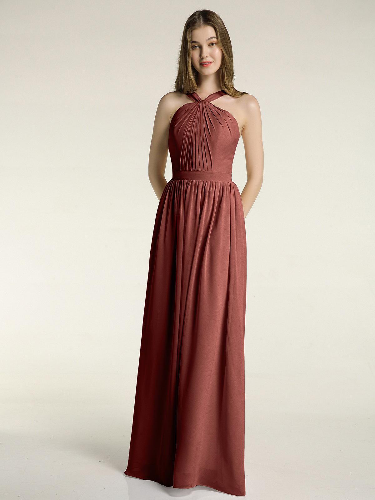 Vestidos largos de chiffon de cuello en Y para damas de honor Terracota Tallas Grandes