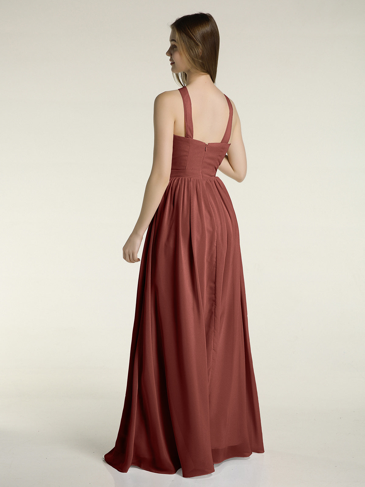 Vestidos largos de chiffon de cuello en Y para damas de honor Terracota