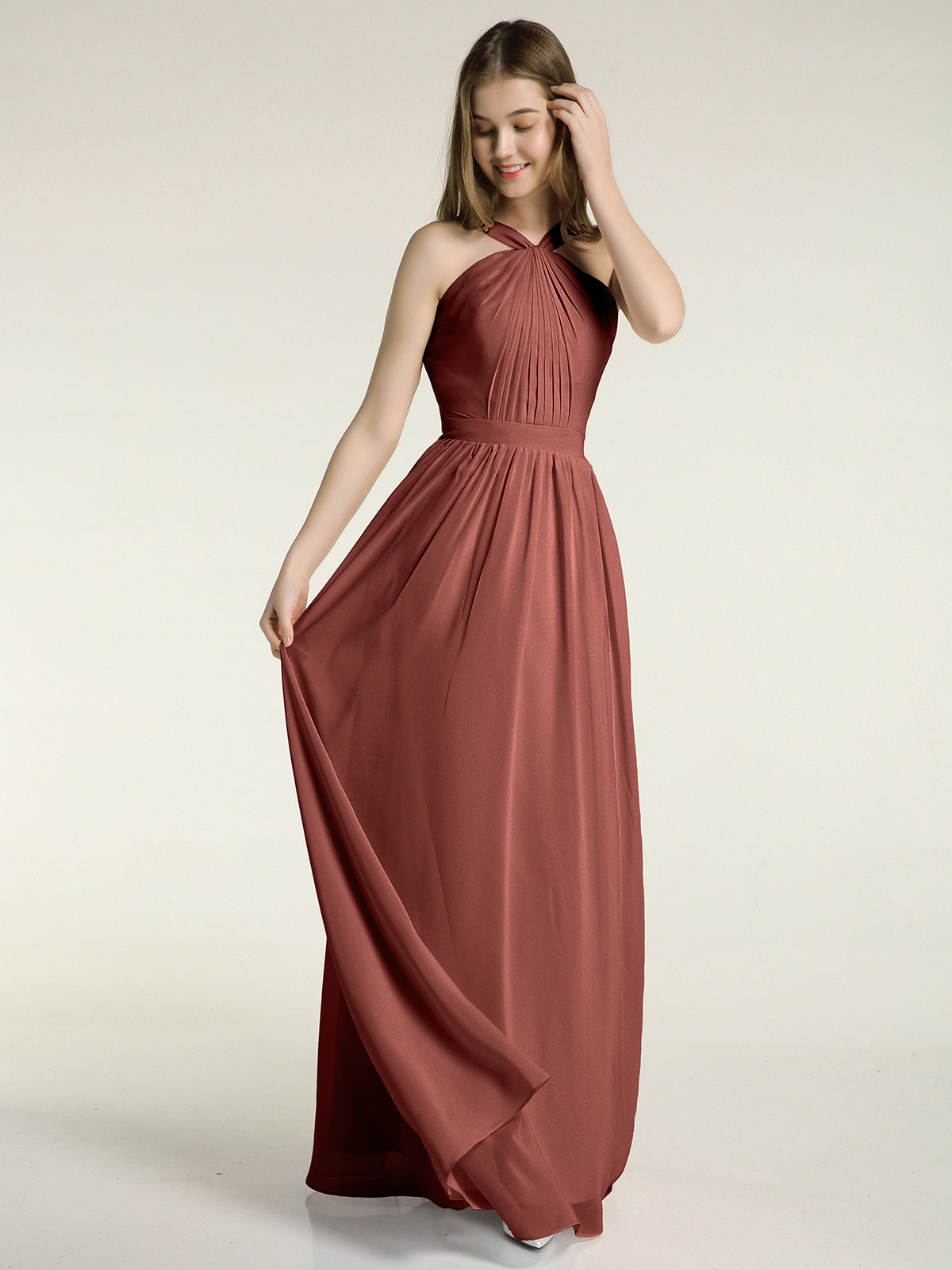 Vestidos largos de chiffon de cuello en Y para damas de honor Terracota Tallas Grandes