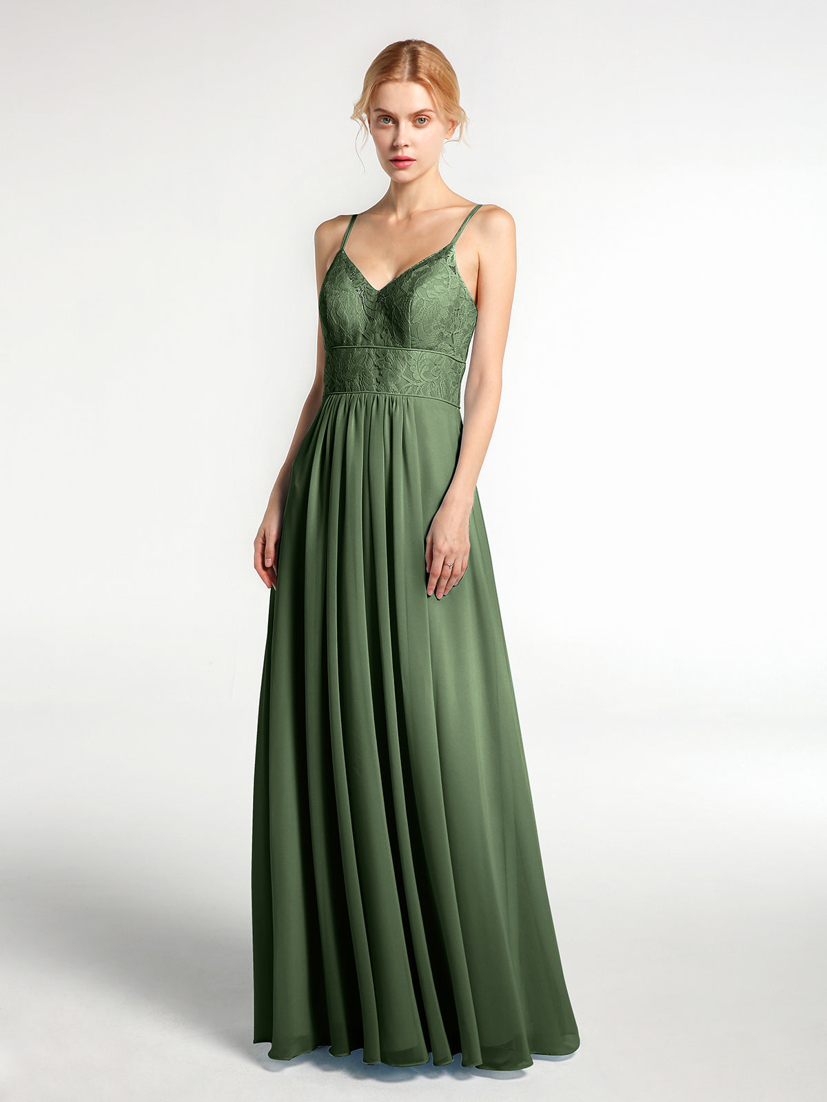 Vestidos de chiffon y encaje con tirantes finos Verde Oliva Tallas Grandes