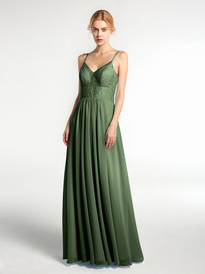 Vestidos de chiffon y encaje con tirantes finos Verde Oliva Tallas Grandes
