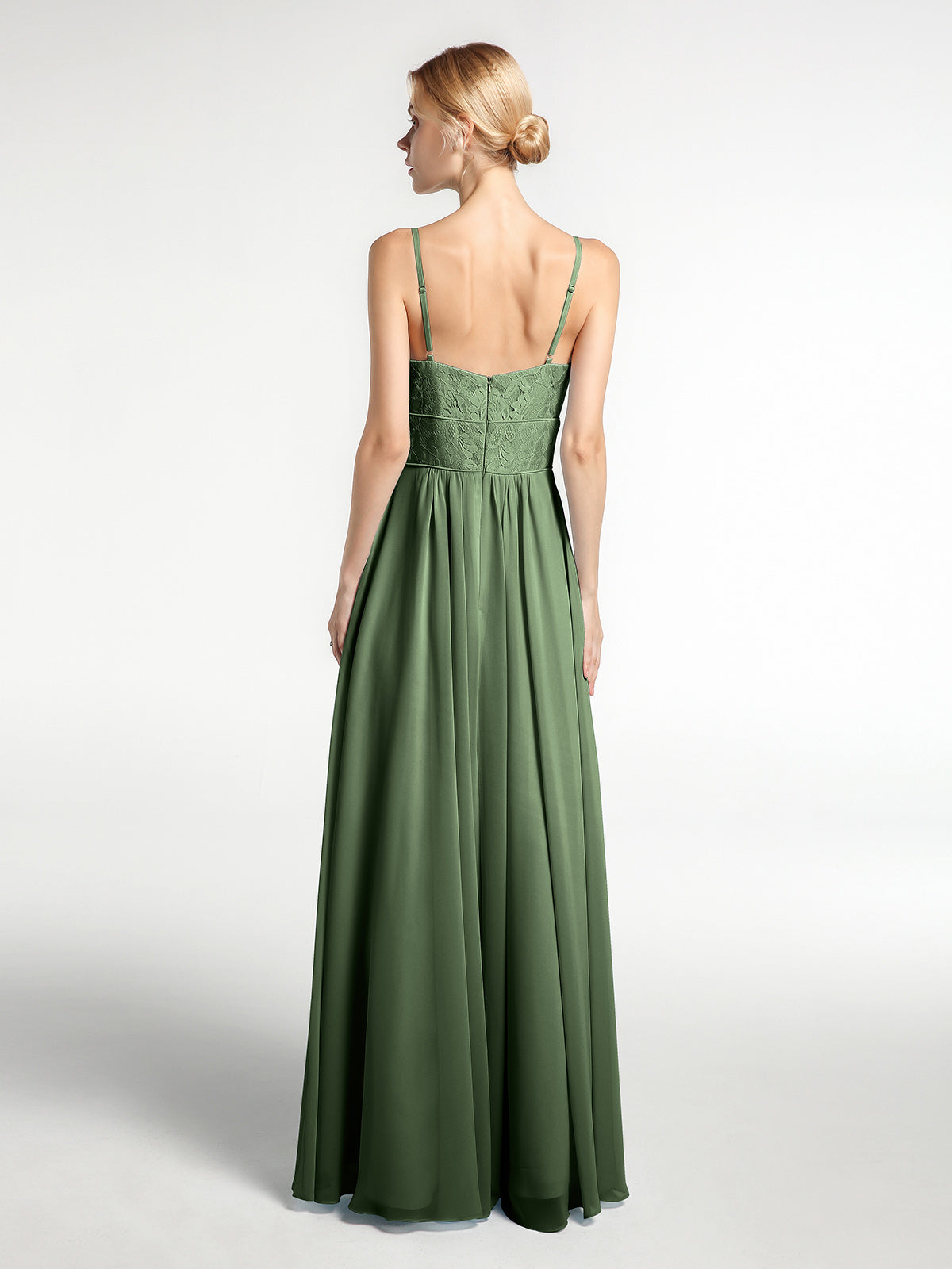 Vestidos de chiffon y encaje con tirantes finos Verde Oliva Tallas Grandes