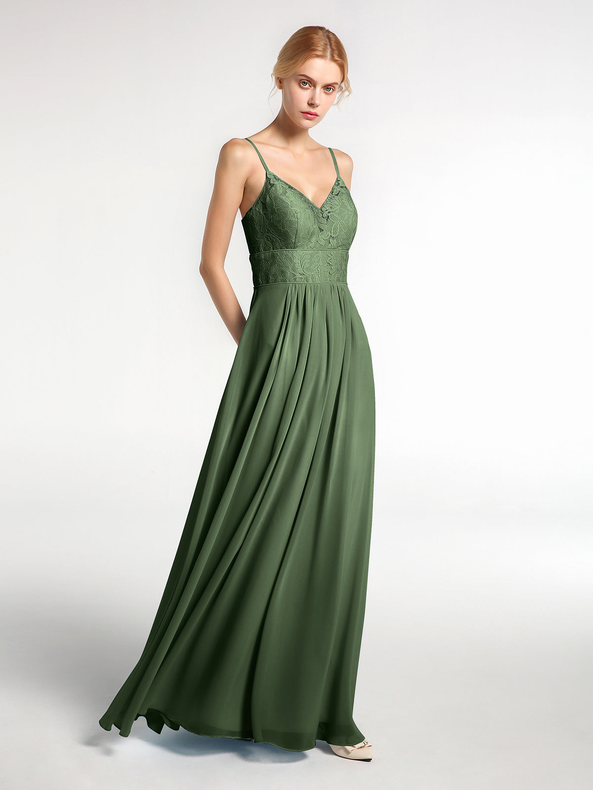 Vestidos de chiffon y encaje con tirantes finos Verde Oliva Tallas Grandes