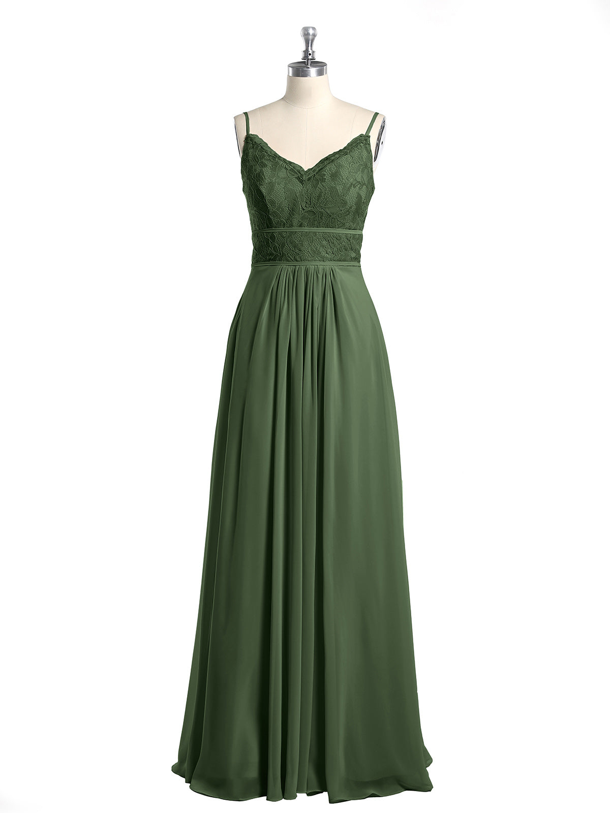 Vestidos de chiffon y encaje con tirantes finos Verde Oliva Tallas Grandes