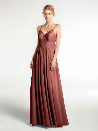 Vestidos de chiffon y encaje con tirantes finos Terracota Tallas Grandes