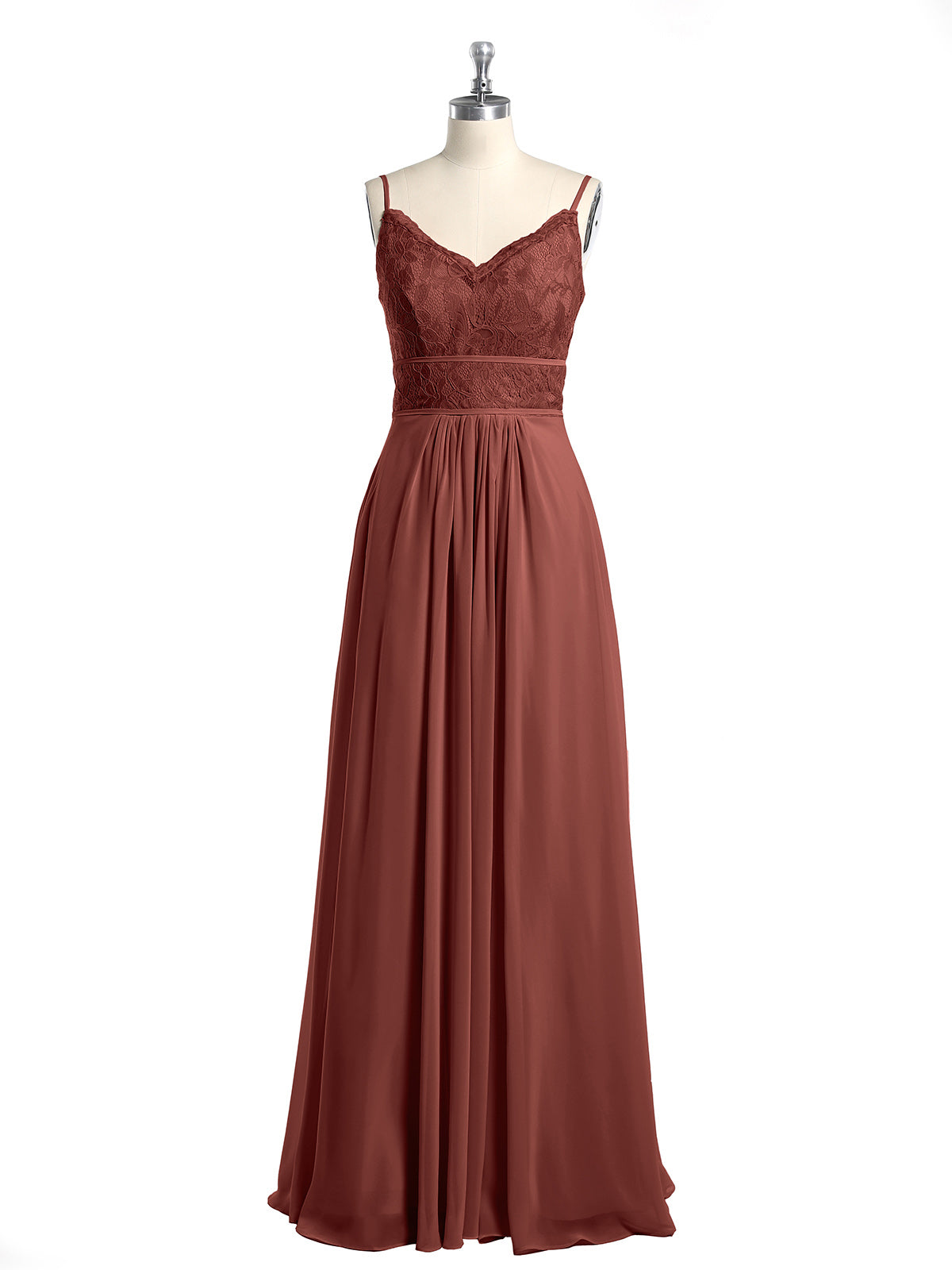 Vestidos de chiffon y encaje con tirantes finos Terracota Tallas Grandes